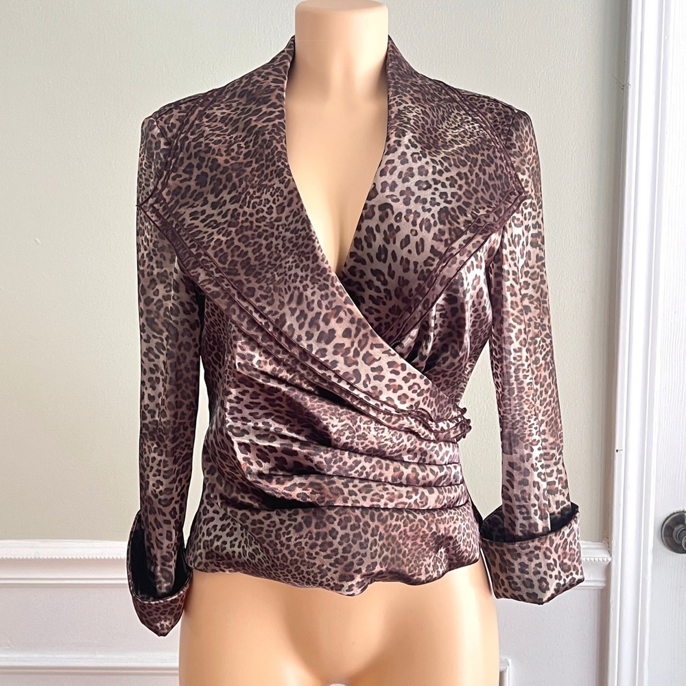 Cachet Leopard Print Wrap Blouse Womens M Ruched Satin V-Neck Brown Mob Wife Y2K